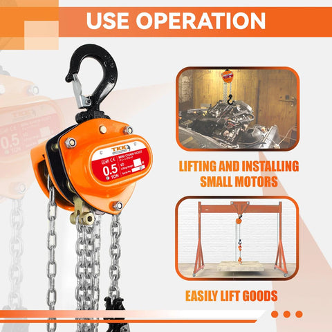 Front view of orange 1/2-ton hand chain hoist with black top hook and hanging steel chains.