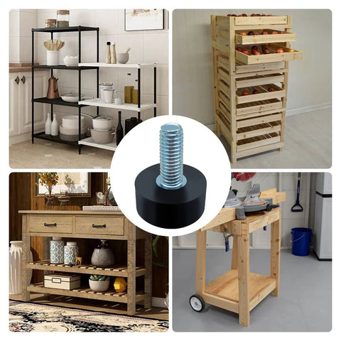 Eight Pack M8 Adjustable Rubber Furniture Levelers displayed with shelving units emphasizing non-slip chair leg fit