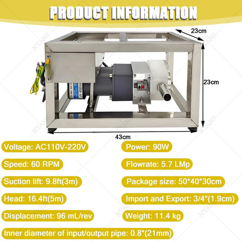 Viscous Liquid Transfer Pump For Food Grade Honey And Thick Fluids, Workhorse Gear Pump With CAM Rotor, 6 To 10 L/Min Flow, Handles 800-4000 cP, Efficient Transfer, Up To 8 Kg/Min Honey, Durable, Easy Clean, Industrial-Grade, stainless steel frame, 43cm x 23cm