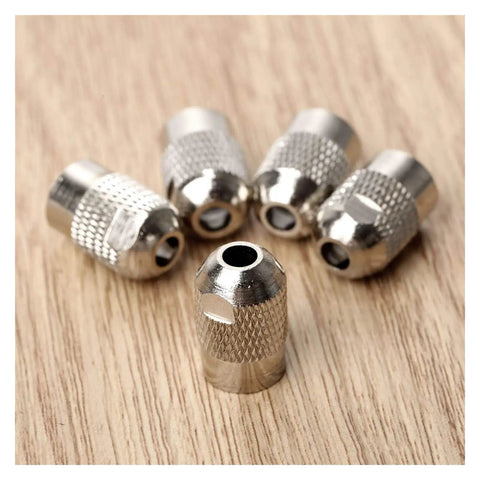 Five Piece Copper Flexible Shaft Screw Top Collet Adapter Set For M8 X 0.75 Threads, showcasing metallic adapters on wood.
