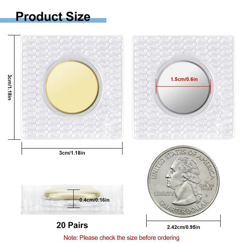40 Piece Sew In Magnetic Snap Closures For Thin Fabric Up To 2 Mm Invisible PVC shown with size details and coin for scale.