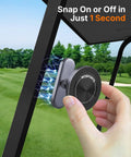 Magnetic Golf Cart Phone Holder being installed on a golf cart frame, showcasing its strong magnetic hold for iPhones during bumpy rides.