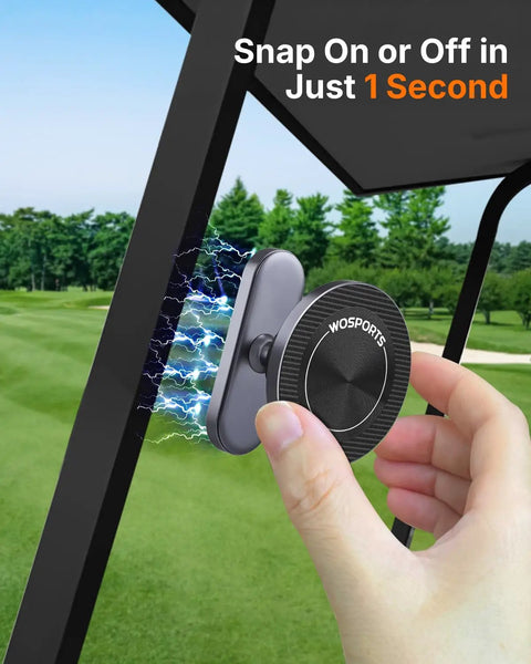 Magnetic Golf Cart Phone Holder being installed on a golf cart frame, showcasing its strong magnetic hold for iPhones during bumpy rides.