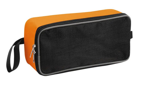 Heavy Duty Crampon Pouch Fakir Pro Grade Weather Resistant Storage Bag with black mesh and orange sides, durable zipper visible.