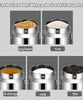Top Shelf Built Tough 304 Stainless Steel Storage Container With Wide Mouth Pouring Spout For Milk Bulk Coffee Beans Dry Grains Rice Flour Sugar Commercial Kitchen Gear 64 Liter Capacity with soybeans, rice, milk, and oil.