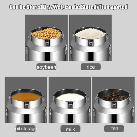 Top Shelf Built Tough 304 Stainless Steel Storage Container With Wide Mouth Pouring Spout For Milk Bulk Coffee Beans Dry Grains Rice Flour Sugar Commercial Kitchen Gear 64 Liter Capacity with soybeans, rice, milk, and oil.