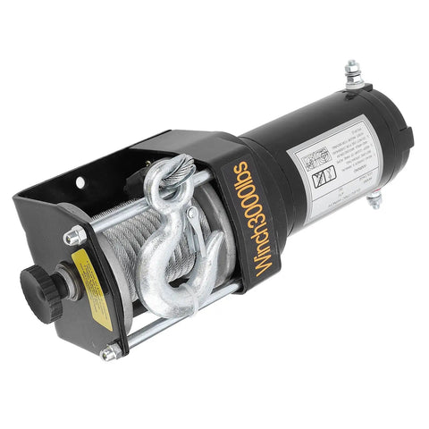 Durable 12V Electric Winch Kit With 3000lbs Load Bearing Power For Heavy Duty Towing And Off Road Rescue Jobs On Jeeps Trucks And Atvs Using Strong 1KW Motor And Smooth Planetary Gear Transmission close-up view of motor and hook