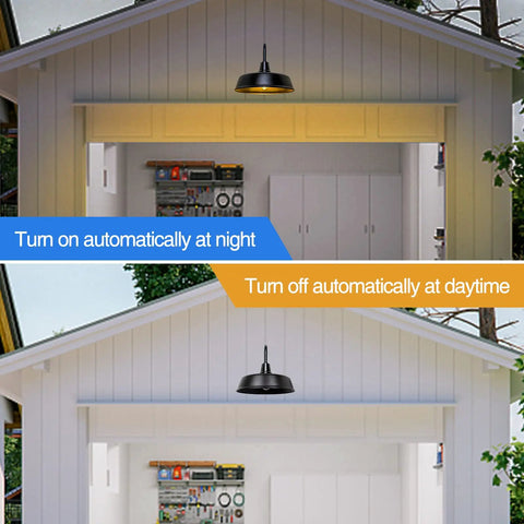 Gooseneck Barn Lights Outdoor Dusk To Dawn Sensor, 18 Inch Diameter Exterior Farmhouse Lighting illuminating a garage at night and off in daytime.