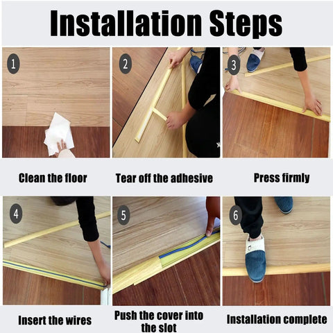 Installation steps for Arc Shaped Cable Cover Strip 36 Inch Long Thickened Conduit Trunking With Self Adhesive Cord Hider Kit