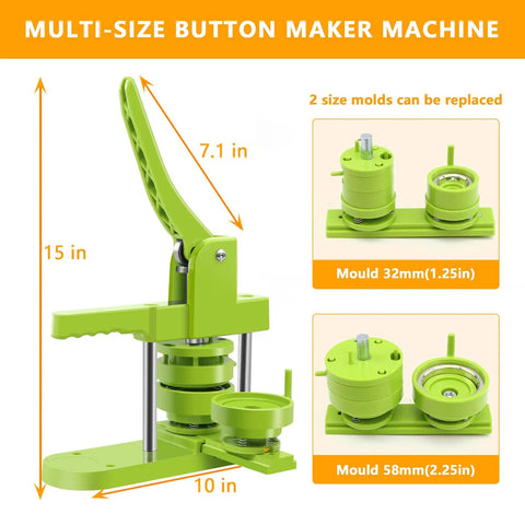 Ultimate Button Maker Machine Kit With Adjustable 2 Inch And 1.25 Inch Dies, green press tool with replaceable molds.