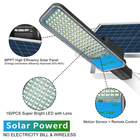 Two Pack 200W Solar Street Light With Motion Sensor Crazy Bright 192 LED Flood Light Die Cast Aluminum IP67 Waterproof
