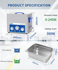Badass Performance Ultrasonic Cleaner 10 Liter Tank with adjustable heat timer showcasing product specifications and dimensions.