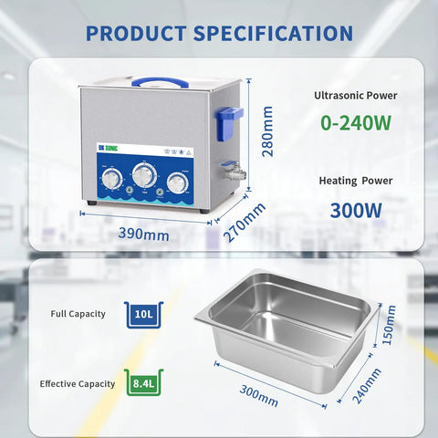 Badass Performance Ultrasonic Cleaner 10 Liter Tank with adjustable heat timer showcasing product specifications and dimensions.