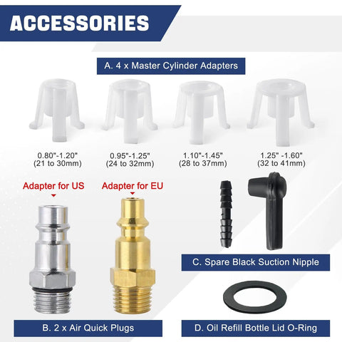Pneumatic Brake Fluid Bleeder Tool With Four Master Cylinder Adapters 90 To 120 PSI accessories including adapters and plugs.