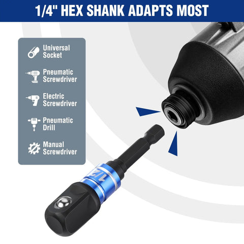 Impact Grade Socket Adapter Set for Quick Change Systems Converts From Hex Shank To One Quarter Inch Three Eighths Inch And One Half Inch Square Drives With Extension Bit Holder For Drills And High Torque Wrenches For Pros And DIYers adapter displayed with diagrams showing compatibility with various tools.