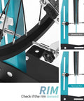 Close-up view of Wheel Truing Stand For 16-29 Inch Bikes, DIY Rim Maintenance Tool With Spoke Wrench, showing skewed and normal rim alignment.