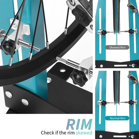 Close-up view of Wheel Truing Stand For 16-29 Inch Bikes, DIY Rim Maintenance Tool With Spoke Wrench, showing skewed and normal rim alignment.