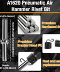 A1620 Pneumatic Air Hammer Rivet Bit Set, detailed view showing measurements and features, fits 0.401 inch shank air rivet gun
