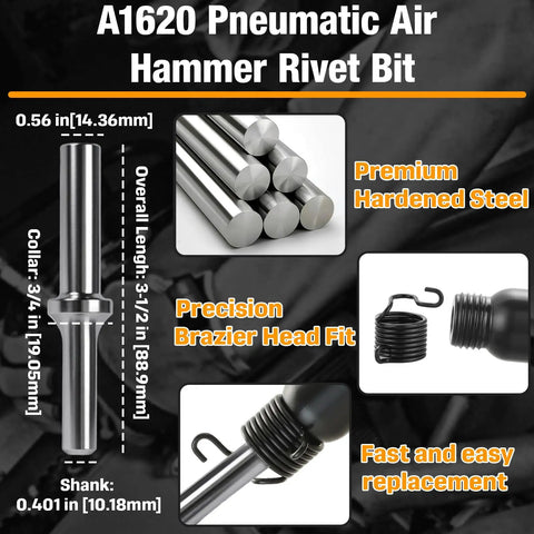 A1620 Pneumatic Air Hammer Rivet Bit Set, detailed view showing measurements and features, fits 0.401 inch shank air rivet gun