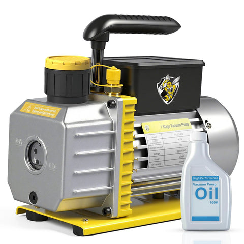 Vacuum pump, front view, 1-stage rotary-vane with yellow base and oil bottle