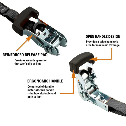Close-up of heavy duty ratchet tie down straps with hook, ergonomic rubber grip handle, and reinforced release pad.