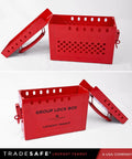 Red Lockout Tagout Group Box For OSHA Compliant LOTO Procedures, Heavy Duty 18 Gauge Steel Lock Box Holds Up To 12 Padlocks Shown Open