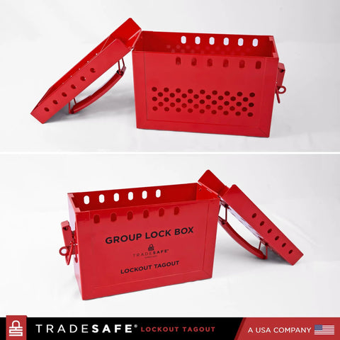 Red Lockout Tagout Group Box For OSHA Compliant LOTO Procedures, Heavy Duty 18 Gauge Steel Lock Box Holds Up To 12 Padlocks Shown Open