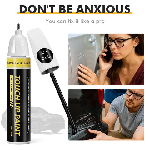 Summit White GAZ Car Touch Up Paint For GMC, 2 In 1 Scratch Remover Pen, woman assessing car scratch and man applying paint