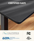 Close-up of L Shaped Standing Desk 63 By 55 Inches Electric Sit Stand Table With Adjustable Height showing black surface and certifications.