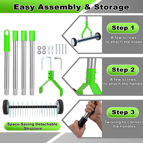 Assembly instructions for Wheeled Thatch Rake For Lawns, 15.28 Inch Steel Dethatcher With Adjustable 0 To 15 Degree Angle And 62.99 Inch Handle.