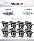 Heavy Duty 2 Inch Swivel Caster Wheels With Total Lock Brake Steel Build Set Of 8 Smooth Rolling Cart Casters packaging list with screws and washers.