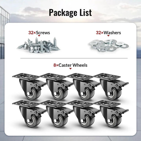 Heavy Duty 2 Inch Swivel Caster Wheels With Total Lock Brake Steel Build Set Of 8 Smooth Rolling Cart Casters packaging list with screws and washers.