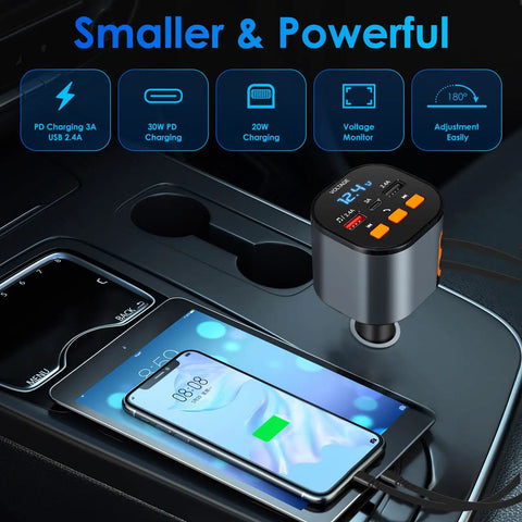 5 In 1 Fast Car Charger With 90W PD Power Retractable USB C And USB A Cables Bluetooth FM Transmitter in car with phone charging