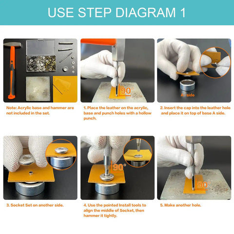 Step-by-step guide for using 45 Piece Leather Snap Fasteners Kit 15mm Stainless Steel With 4 Install Tools In Silver Bronze Black