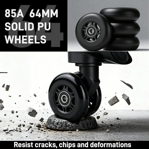Heavy Duty Universal Luggage Replacement Wheels 64x24mm Dead Silent PU Caster With ABEC Nine Bearings And 6mm Axle close-up of 64MM solid PU wheels.