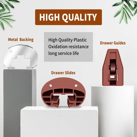 Heavy Duty Drawer Slide Guides Smooth As Silk Universal Replacement Tracks showing metal backing and drawer slides.