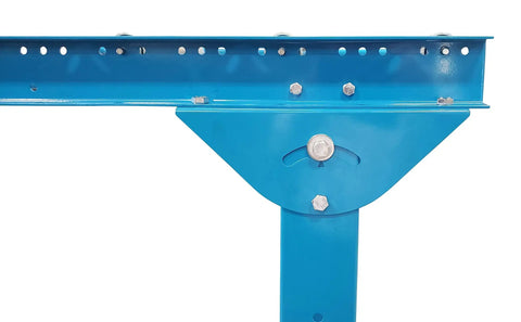 Detail shot of the adjustment mechanism on the Ultimation Light Duty Roller Stand With Adjustable Steel Conveyor Rollers Galvanized.
