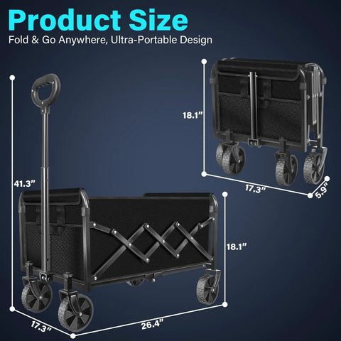 Foldable Wagon Cart With Wheels For Groceries, Picnics, Beach Trips And More, Heavy Duty Collapsible Utility Wagon, Portable Hauler, 360Lb Capacity, Jet Black, Ideal For Shopping, Camping, Moving And Yard Work
