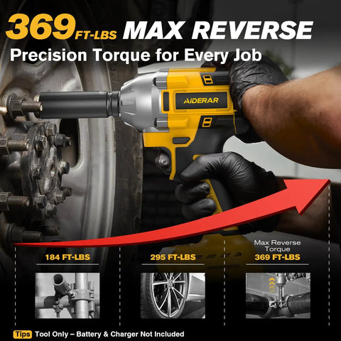 Heavy Duty Brushless Cordless Impact Wrench With 500 Nm Torque And 369 Ft Lbs, shown in use on a tire bolt.