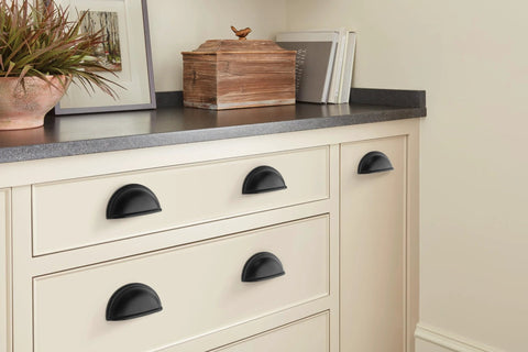 Matte Black Traditional Style Cabinet Cup Pull For Cabinets And Drawers With Three Inch Center To Center Mounting, installed view