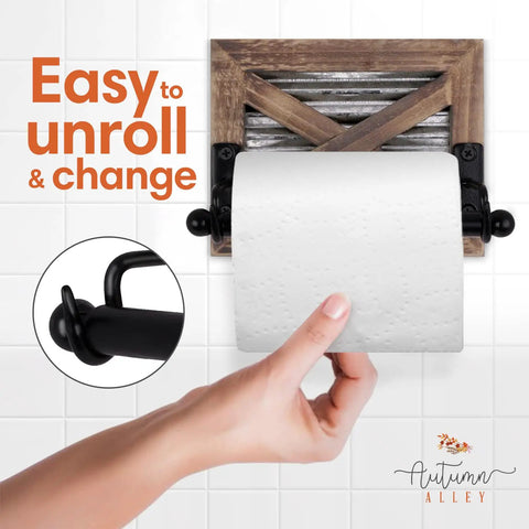 Rustic Farmhouse Toilet Paper Holder Wall Mount In Warm Brown Wood With Galvanized Metal And Black Finish shown in use
