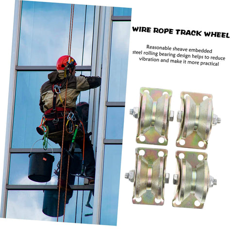 Beefed-Up Heavy Duty V Groove Sliding Gate Wheel Set 4 pack displayed alongside a worker cleaning high-rise windows.