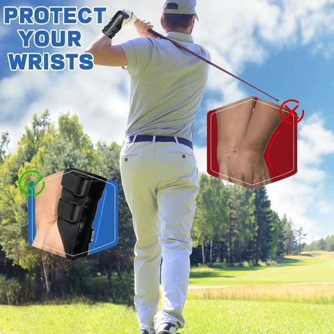Golfer using 2 Pack Golf Wrist Training Aid with Real Time Feedback to Fix Wrist Hinge and Arm Posture on a sunny golf course.