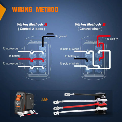 UTV Winch Rocker Switch Momentary With Orange Backlit On Off 7 Pin DPDT For Dual Load Control 20A 12VDC Easy Install Replacement In Winch Panels For Rugged Offroad Use Top Notch wiring diagram with 7-pin switch and harness