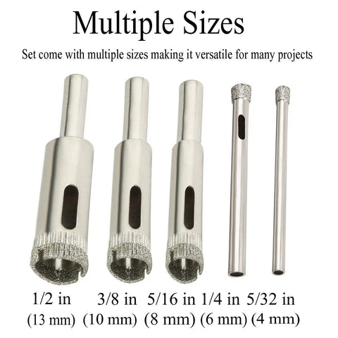 Pro Grade Diamond Drill Bit Set For Tile Glass Marble Granite And Fiberglass Core Hole Saw Nickel Plated Shank sizes 1/2 in to 5/32 in