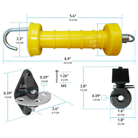 High Visibility Electric Fence Gate Handle Kit with 2 yellow handles, 4 anchors, 4 insulators, and screws, easy install