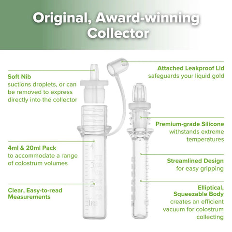 Fresh Mama Game Changer Colostrum Collector Set BPA Free Silicone cups with attached lids, clear measurements, ideal for new moms.