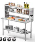 NSF Certified Stainless Steel Kitchen Prep Table 60x24 Inches With Adjustable Shelf And Pegboard Panels, shown with kitchen utensils.