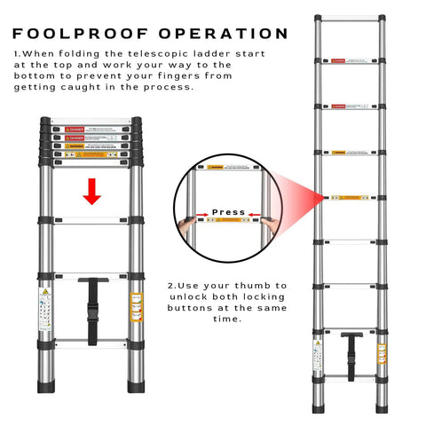 Instructions for Stainless Steel Telescopic Ladder For Home And Job Site Use No Fuss One Button Retraction 12.5 Ft Extension Ladder