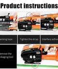 Product instructions for the Heavy Duty Automatic Strapping Tool showing packing tape use and tightening strap process.